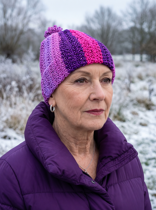 Supersoft hand crochet sparkle beanie with turn up and crochet pom pom - Berry shine