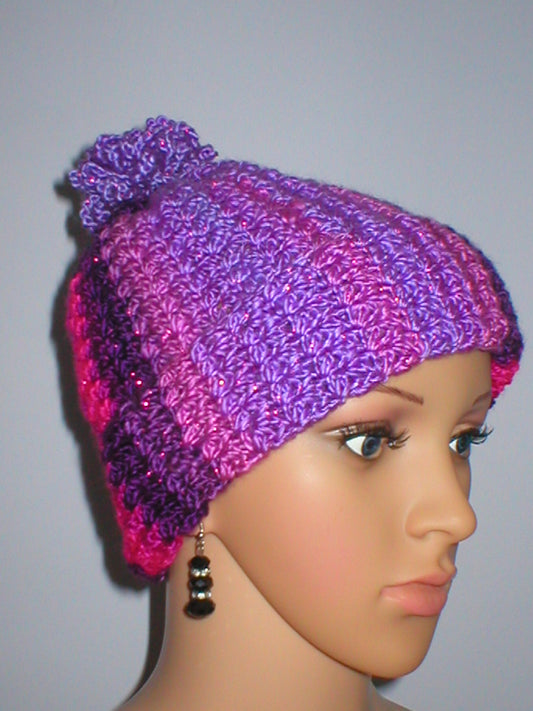 Supersoft hand crochet sparkle beanie with turn up and crochet pom pom - Berry shine