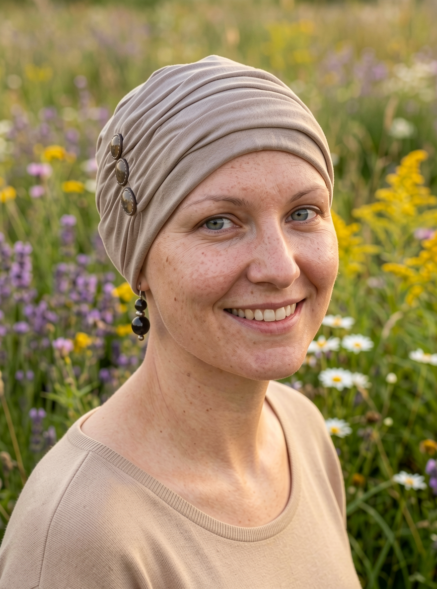 Soft chemo hat and removable tri button headband - Billie cappuccino
