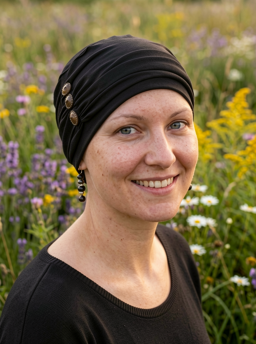 Soft womens chemo hat and removable button headband - Billie black