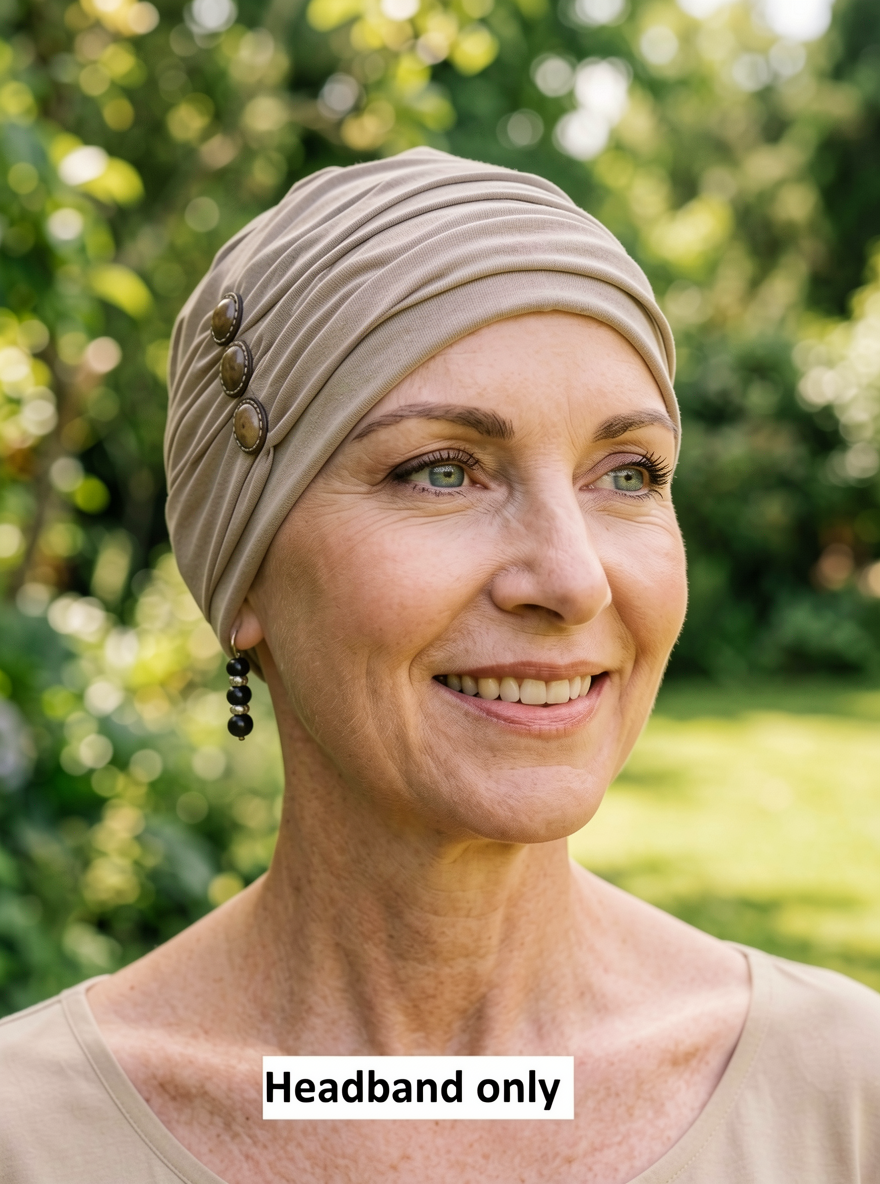 Soft jersey headband with buttons - chemo hat accessory - Millie cappuccino