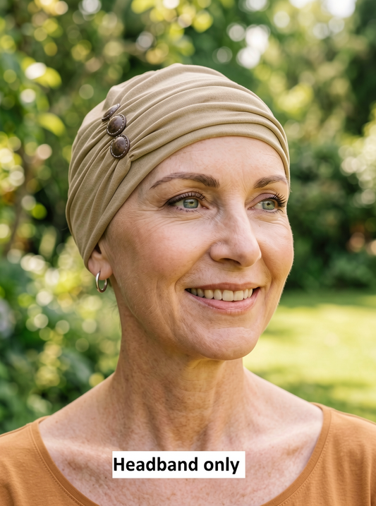 Soft jersey headband with buttons - chemo hat accessory - Millie caramel