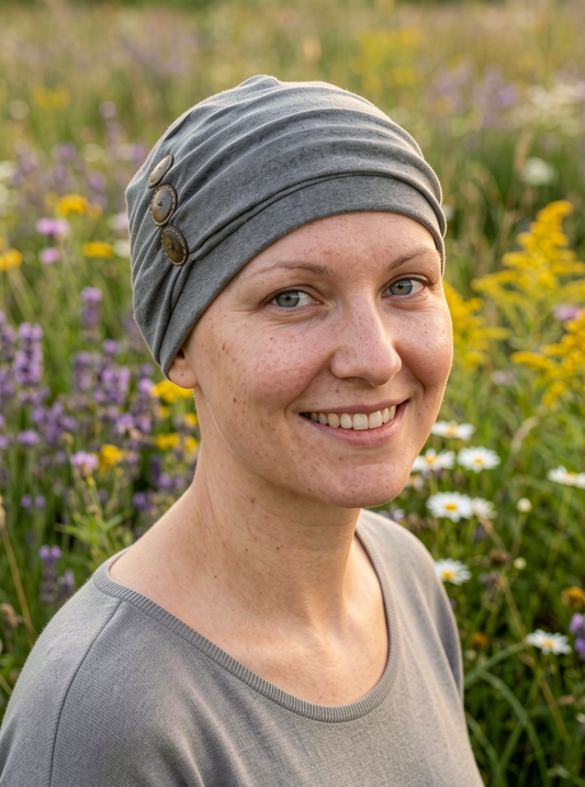 Soft chemo hat and removable tri button headband - Billie dark grey marl