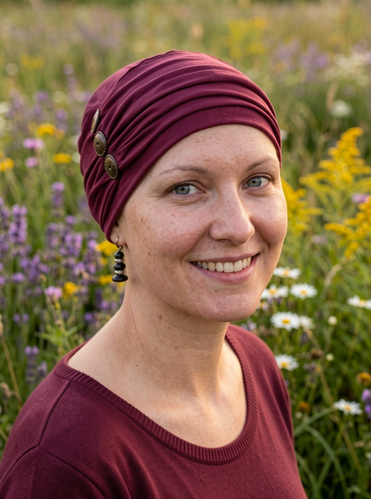 Soft womens chemo hat and removable button headband - Billie wine