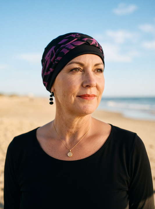 Soft comfortable chemo hat and removable twist headband - Tina black plum zebra