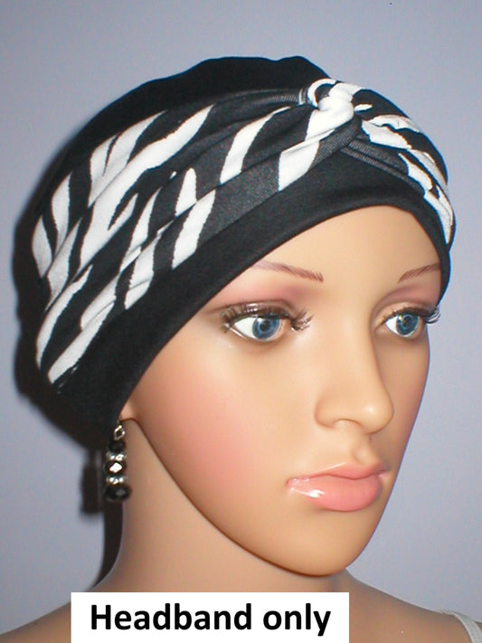 Soft patterned jersey twist ladies chemo headband - Sara black white zebra