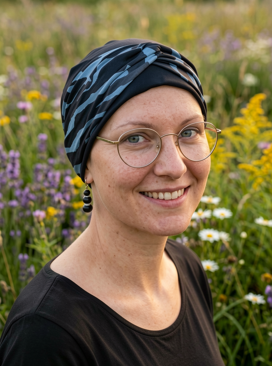 Soft jersey chemo hat and removable twist headband - Tina black blue zebra