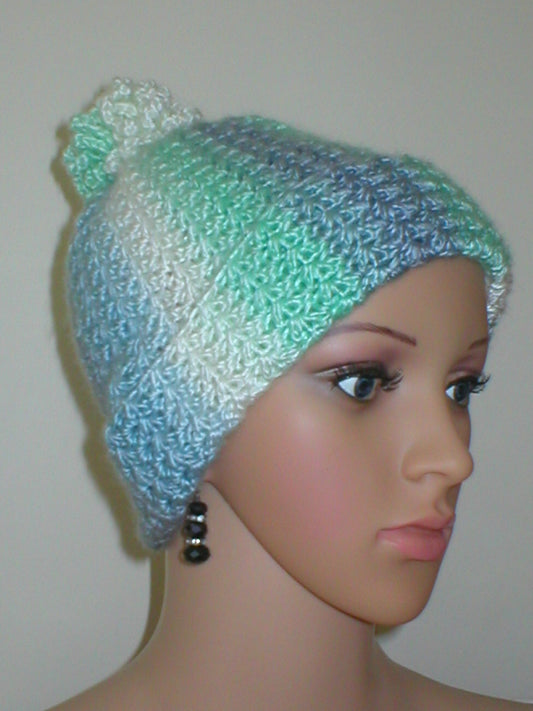 Supersoft hand crocheted beanie with crochet pom pom- Breeze