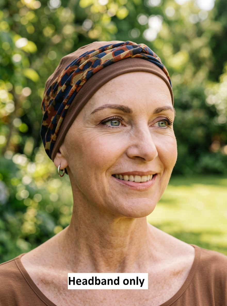 Soft jersey twist headband - chemo hat accessory - sara - brown navy spots