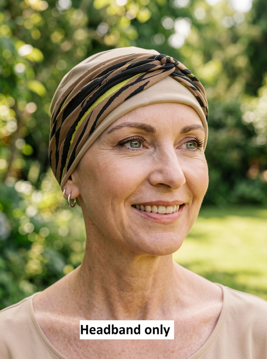 Soft twist jersey patterned stretchy chemo headbands - Sara camel gold tiger