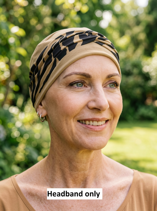 Soft jersey patterned twist chemo ladies headband - Sara camel black zebra