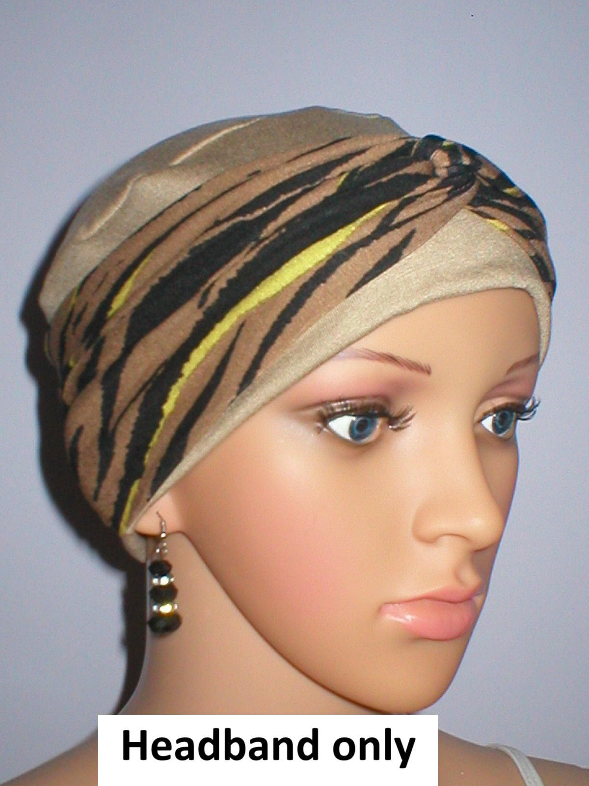 Soft twist jersey patterned stretchy chemo headbands - Sara camel gold tiger