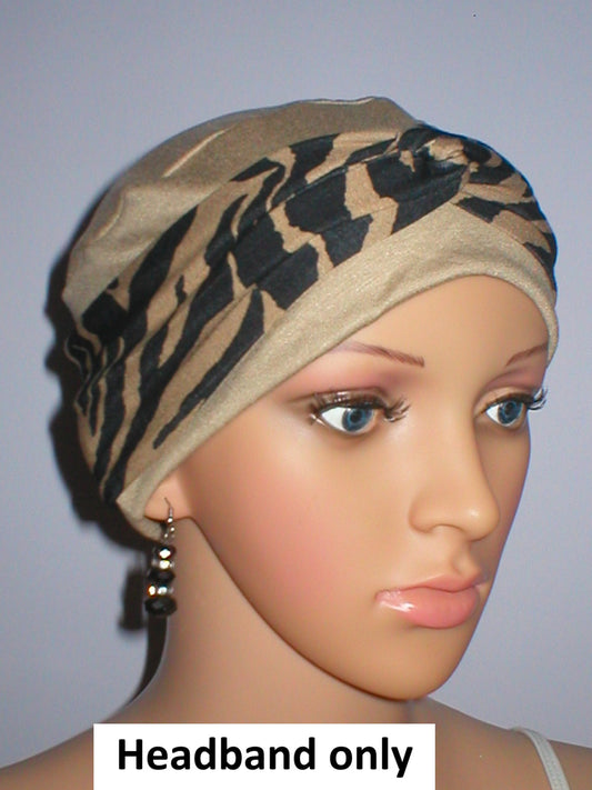 Soft jersey patterned twist chemo ladies headband - Sara camel black zebra