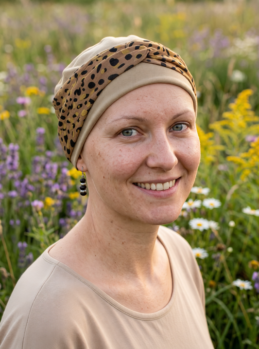Soft comfy chemo hats for hair loss and removable twist headband - Tina caramel cheetah