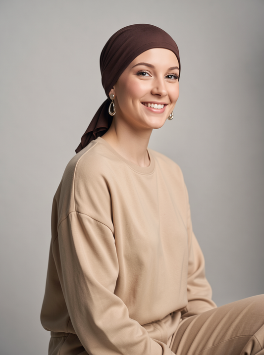 Soft lightweight jersey chemo bandana - pre tied chemo scarf - Kiki brown
