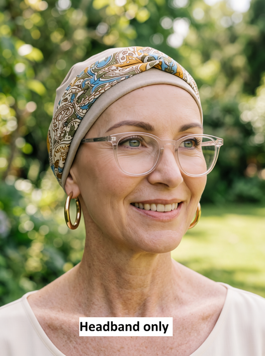 Soft twist jersey headband - chemo headwear accessory - Cream green ochre paisley