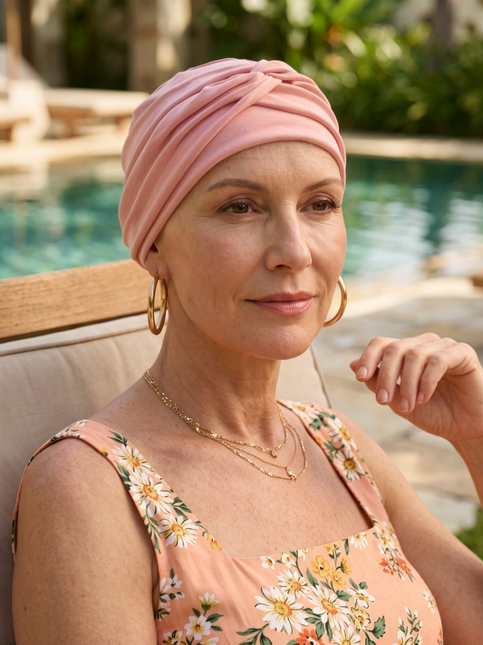 Soft jersey chemo hats for hair loss and removable twist headband - Suzie dusky