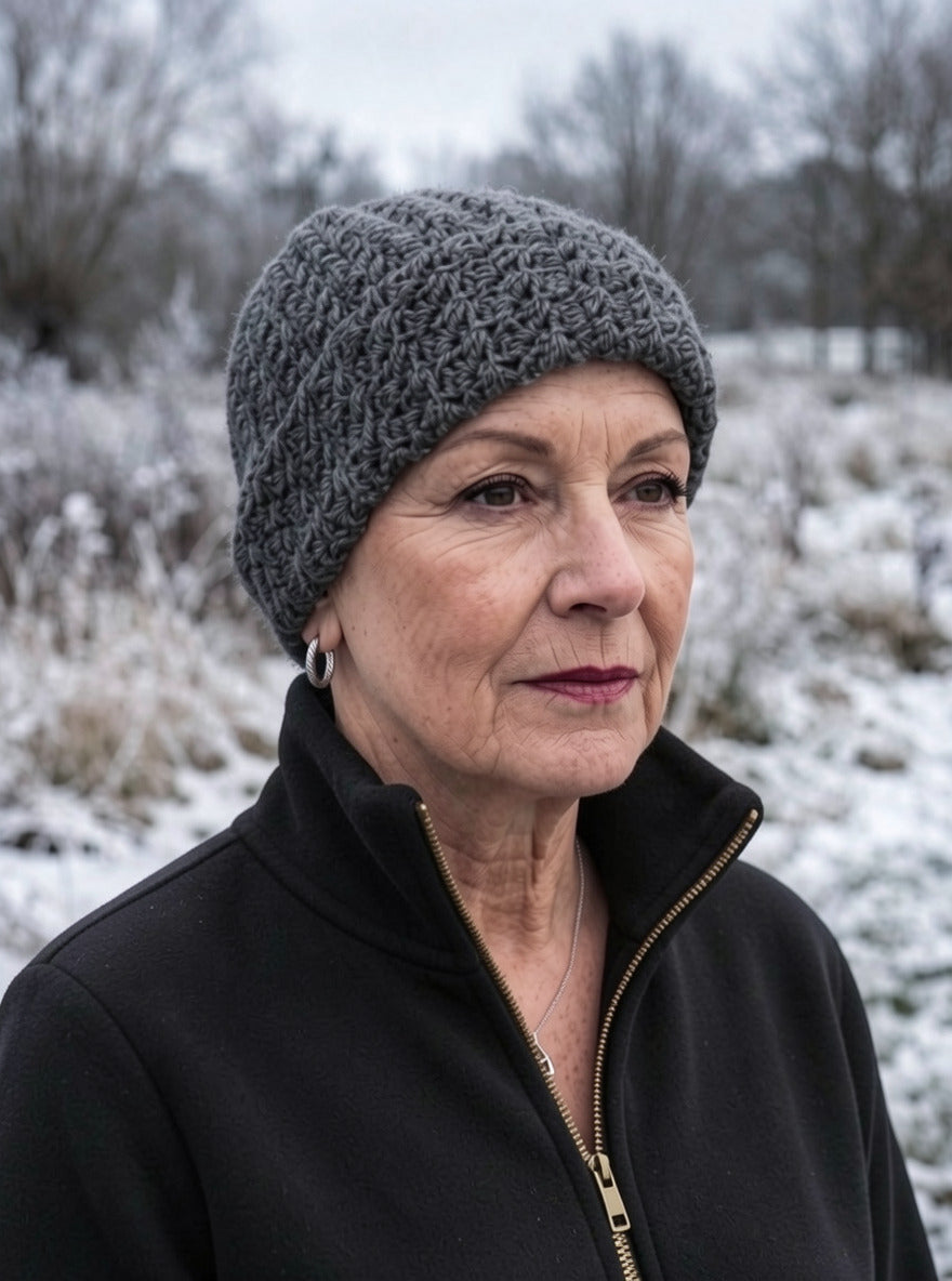 Supersoft hand crochet chunky beanie with turn up - Dark grey marl