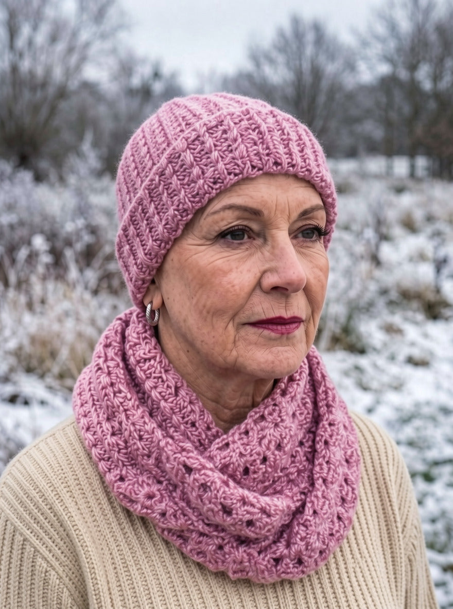 Supersoft hand crochet chunky beanie hat with turn up and infinity scarf - Dusky