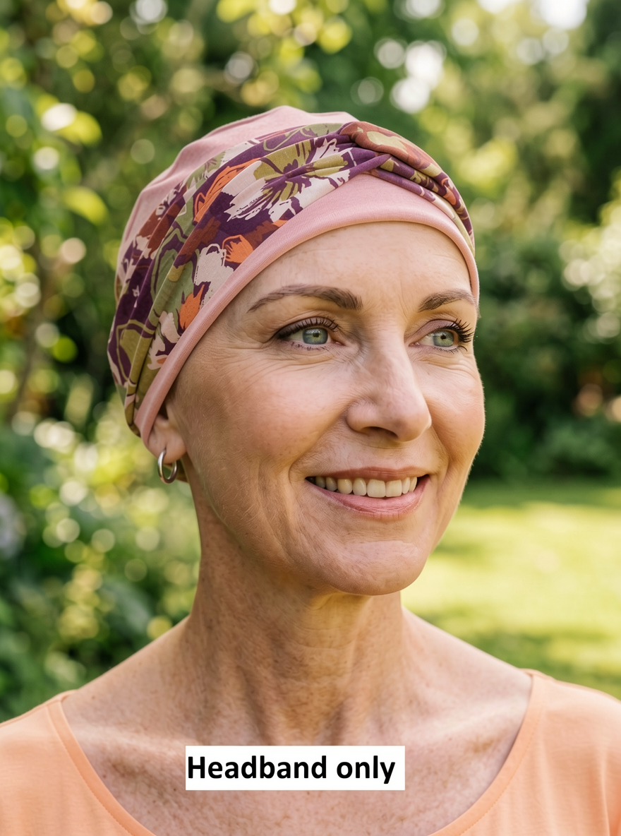 Soft twist jersey patterned stretchy chemo headbands - Sara plum rose pansy