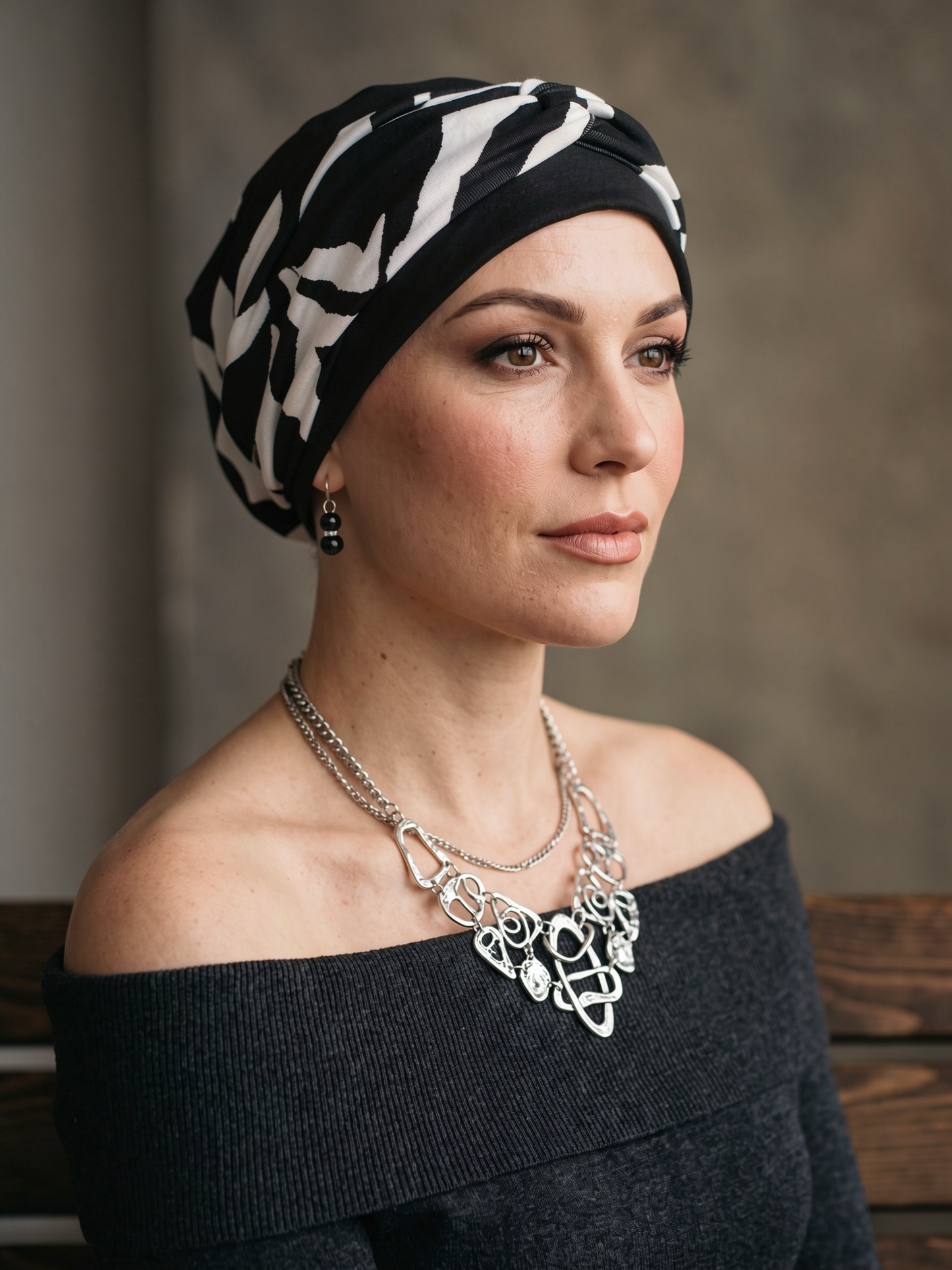 Soft comfy chemo hat and interchangable twist headband - Tina black white zebra