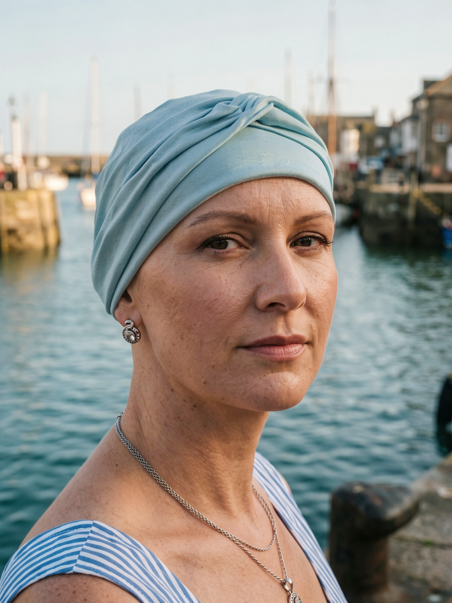 Soft jersey chemo hats for hair loss with removable twist headband - Suzie duck egg