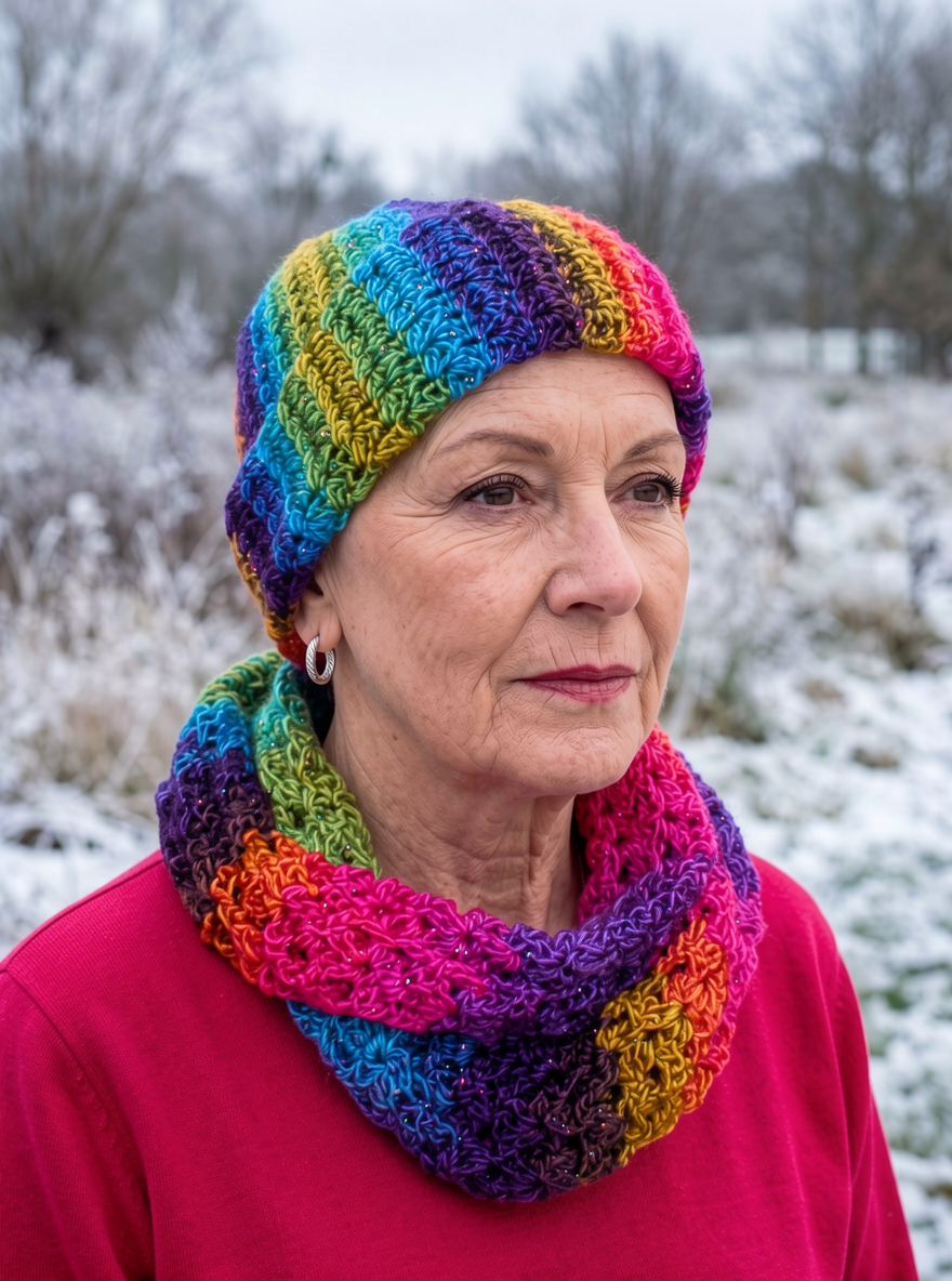 Supersoft hand crochet beanie hat with turn up and infinity scarf - Ember