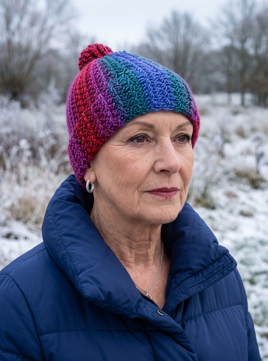 Supersoft hand crochet beanie with turn up and crochet pom pom - Flame