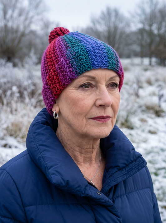 Supersoft hand crochet beanie with turn up and crochet pom pom - Flame