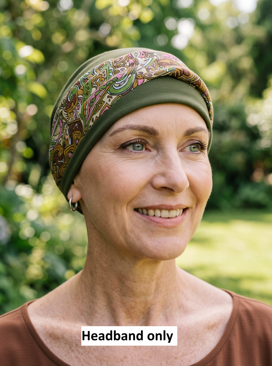 Soft twist jersey headband - chemo headwear accessory - Green brown ochre paisley
