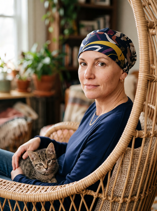 Soft comfortable base chemo hats for hair loss - sleeping hat - Helena navy lily