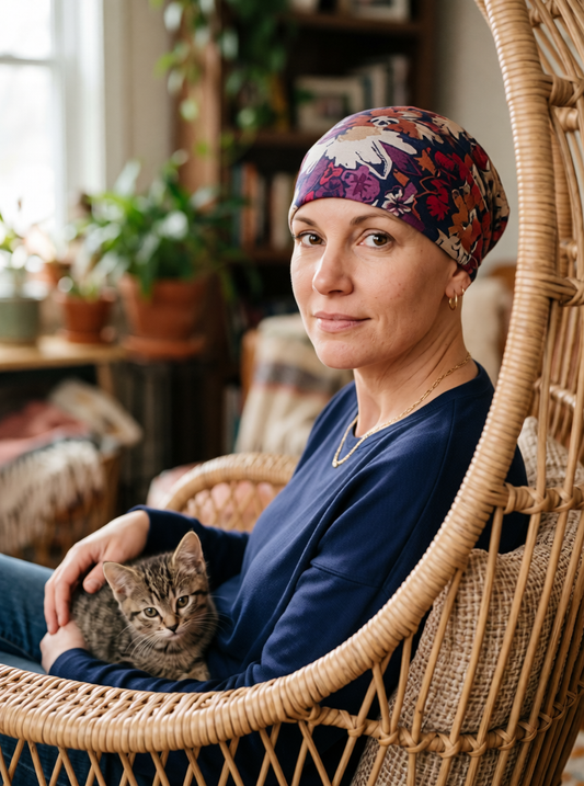 Soft comfortable base chemo hats for hair loss - sleeping hat - Helena navy pansy