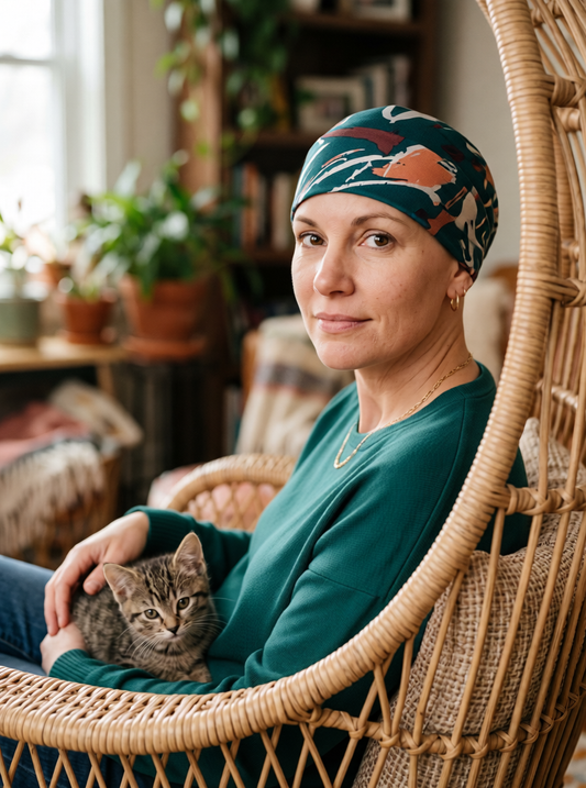 Soft comfortable base chemo hats for hair loss - sleeping hat - Helena teal lily