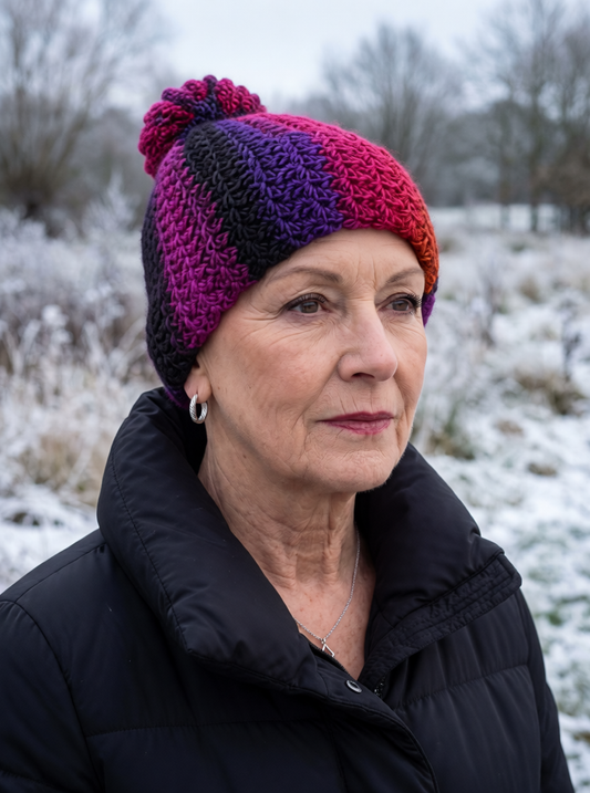 Supersoft hand crochet beanie with turn up and crochet pom pom - Hibiscus