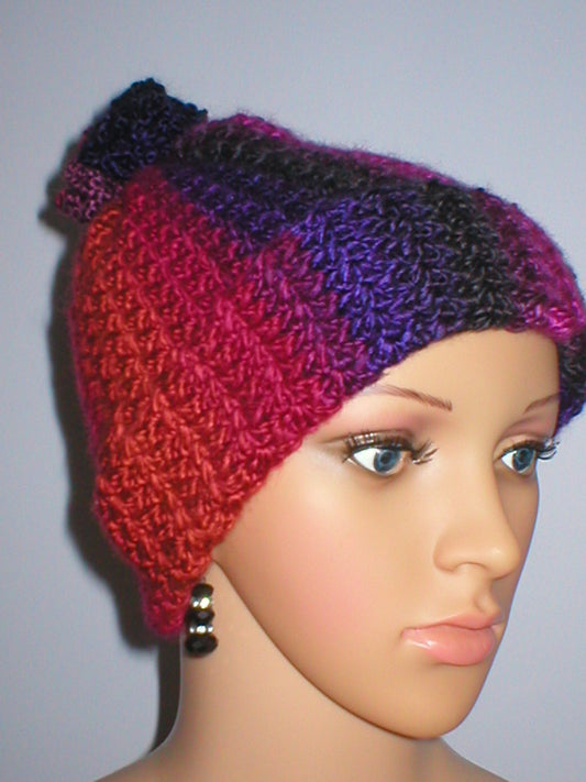 Supersoft hand crochet beanie with turn up and crochet pom pom - Hibiscus