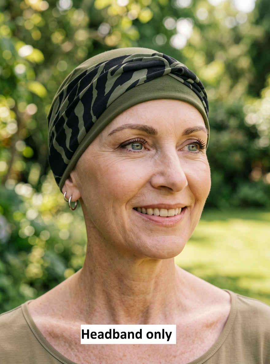 Soft patterned jersey twist ladies chemo headband - Sara khaki black zebra