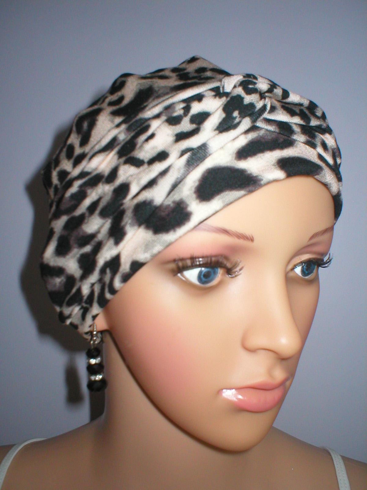 Soft jersey chemo hat and twist headband -  Kiera cream black leopard