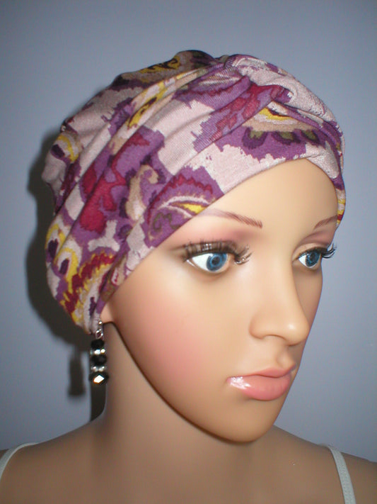 Soft jersey chemo hat and twist headband -  Kiera plum pink paisley
