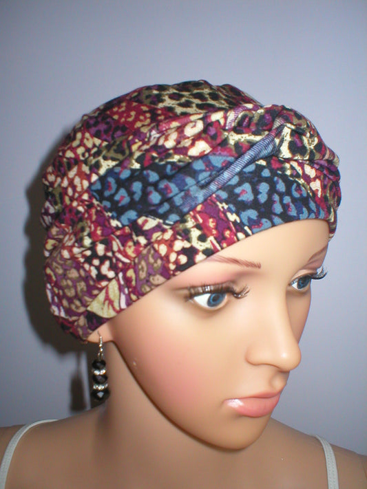 Soft jersey chemo hat and twist headband -  Kiera wine jungle