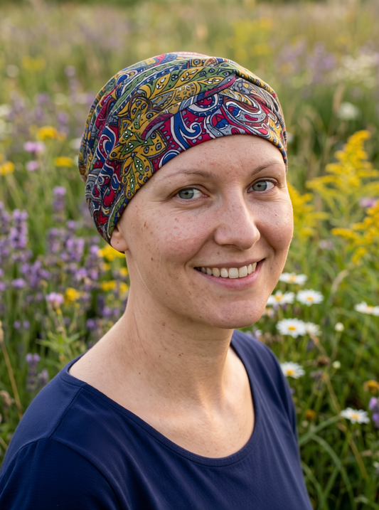 Soft comfy chemo hat and twist headband - Navy red paisley