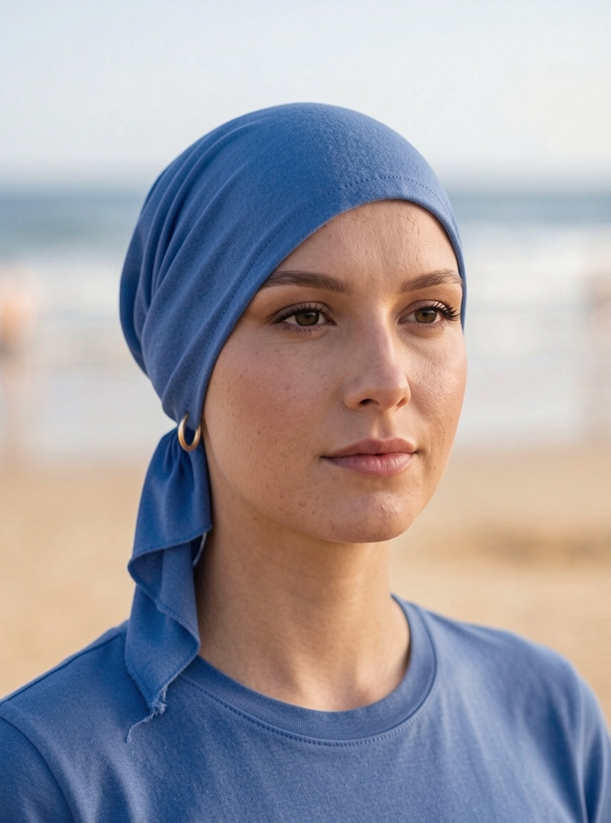 Soft lightweight jersey elasticated chemo bandana/ pre tied chemo scarves - Kiki cornflower