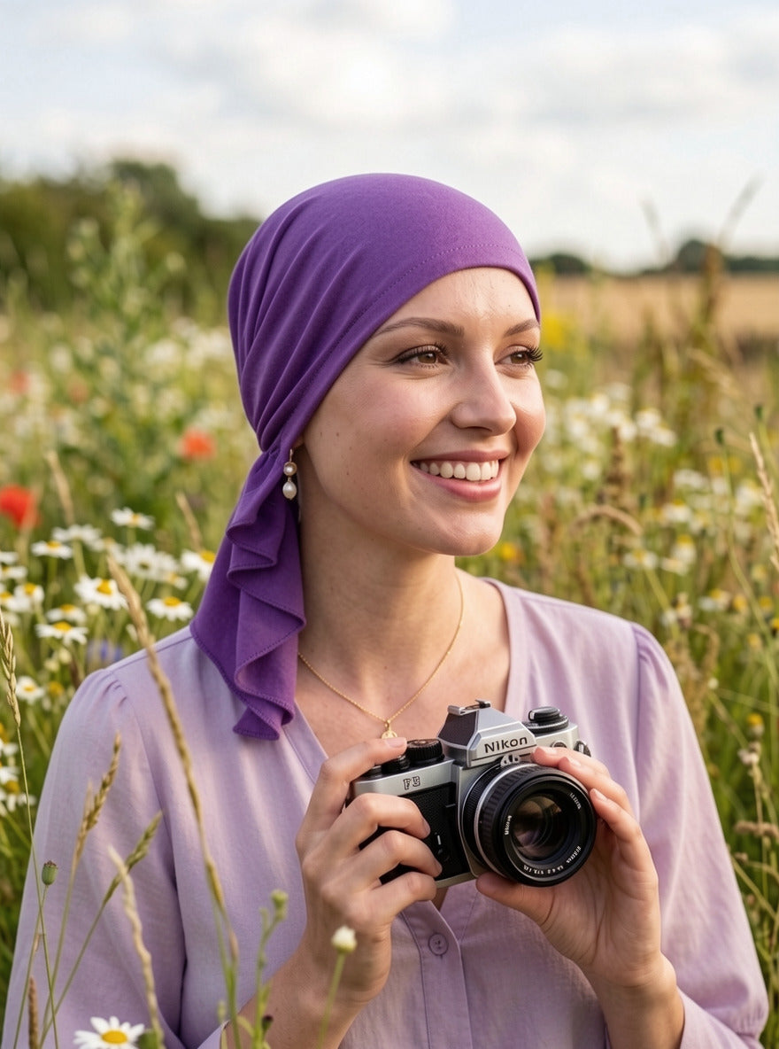Soft lightweight jersey chemo bandana - pre tied chemo scarf - Kiki purple