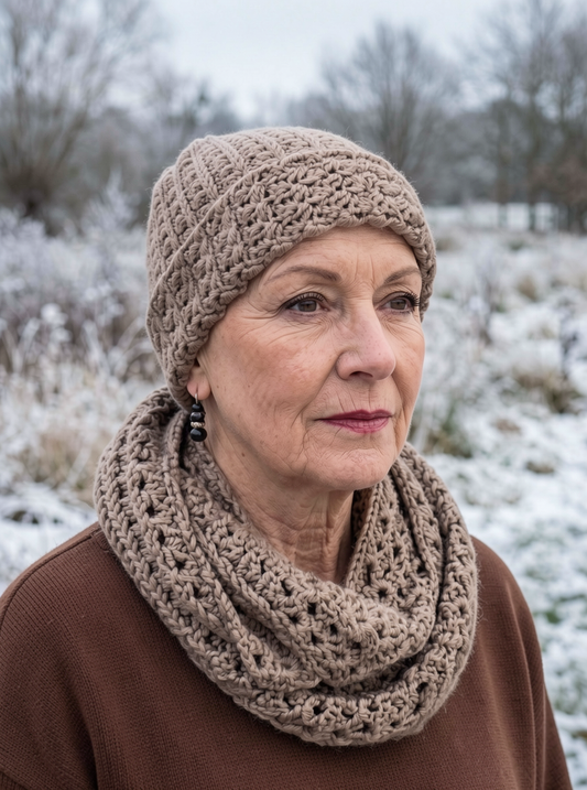 Supersoft hand crochet chunky beanie hat with turn up and infinity scarf - Latte