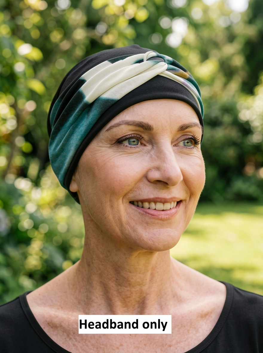 Soft twist jersey patterned stretchy chemo headbands - Sara black teal lavender haze