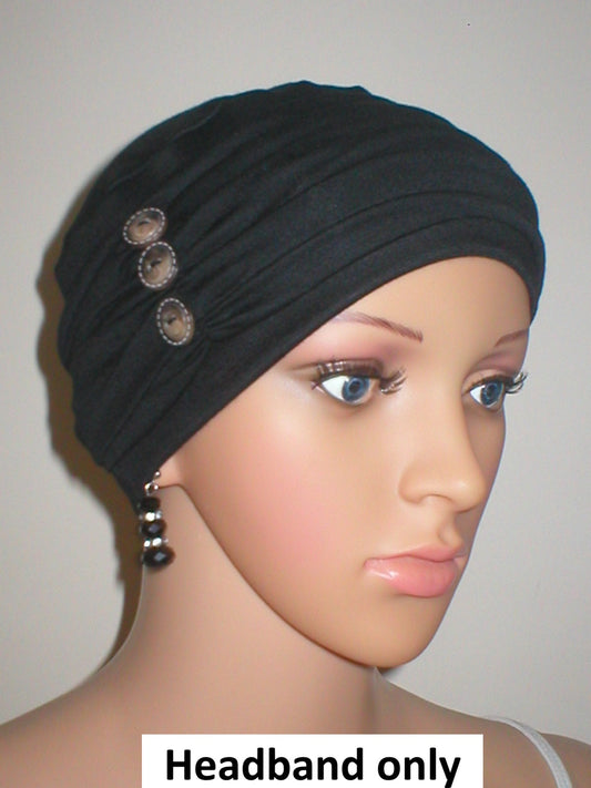 Soft jersey headband with buttons - chemo hat accessory - Millie black