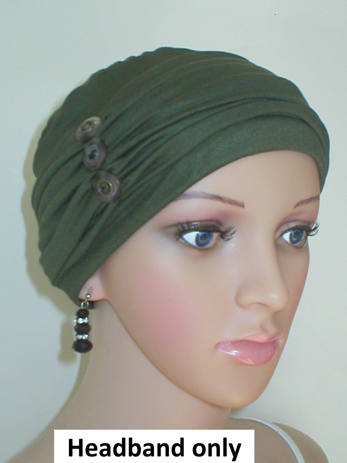 Soft jersey headband with buttons - chemo hat accessory - Millie khaki