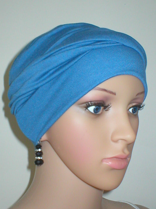 Soft breathable comfortable chemo hat and removable twist headband - Full coverage chemo headwear for cancer hairloss or Alopecia - Milly denim