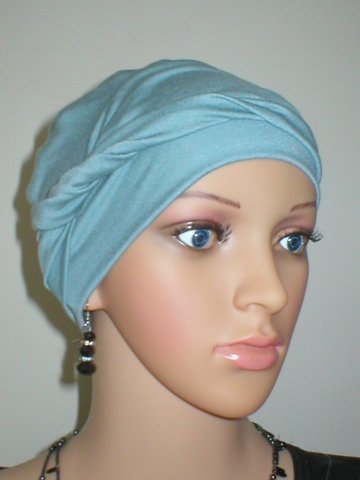 Soft breathable comfortable chemo hat and removable twist headband - Full coverage chemo headwear for cancer hairloss or Alopecia - Milly duck egg