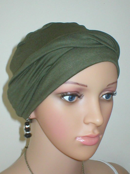 Soft breathable comfortable chemo hat and removable twist headband - Full coverage chemo headwear for cancer hairloss or Alopecia - Milly khaki