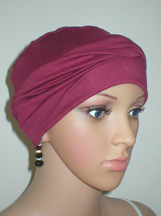 Soft breathable comfortable chemo hat and removable twist headband - Full coverage chemo headwear for cancer hairloss or Alopecia - Milly - wine